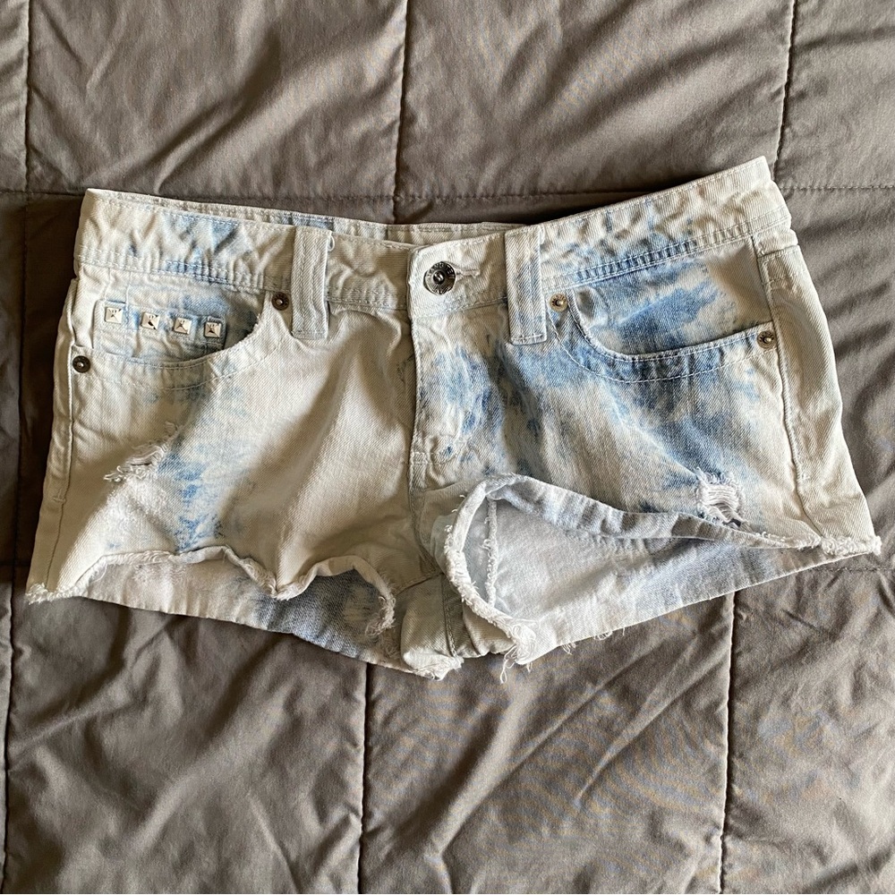 Hang Ten Size 7 Acid Wash Denim Cotton Distressed Micro Shorts Hot 2" Inseam